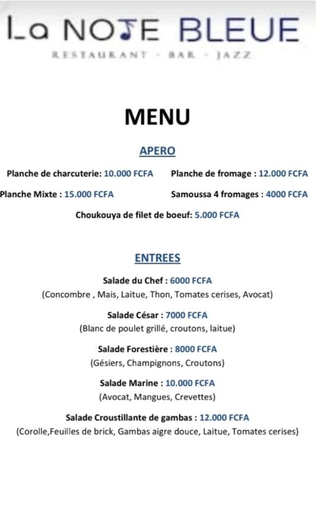 Note bleue Abidjan menu