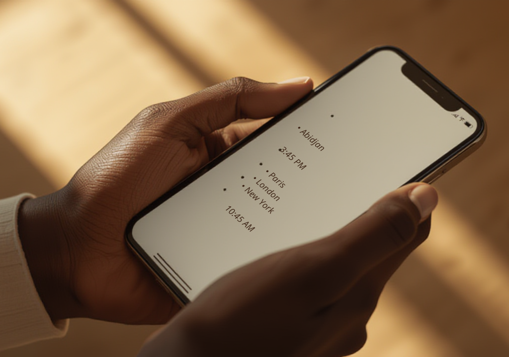 Smartphone affichant l'heure à Abidjan et le décalage horaire avec Paris